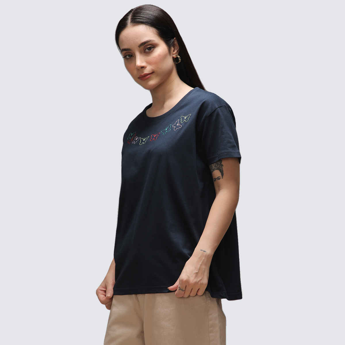Dillinger Women's Short Sleeve Boxy Regular Embroidery T-shirt | Navy Blue - M