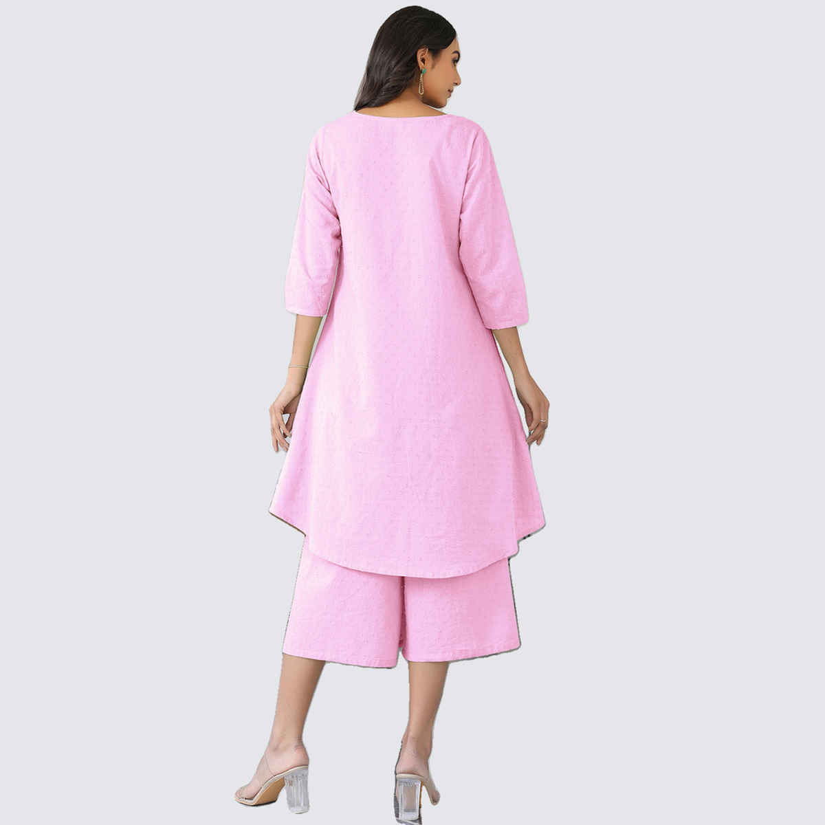 Janasya Women's Pure Cotton Self Design A-line Kurta With Culotte Pant Set | Pink Dobby - XS
