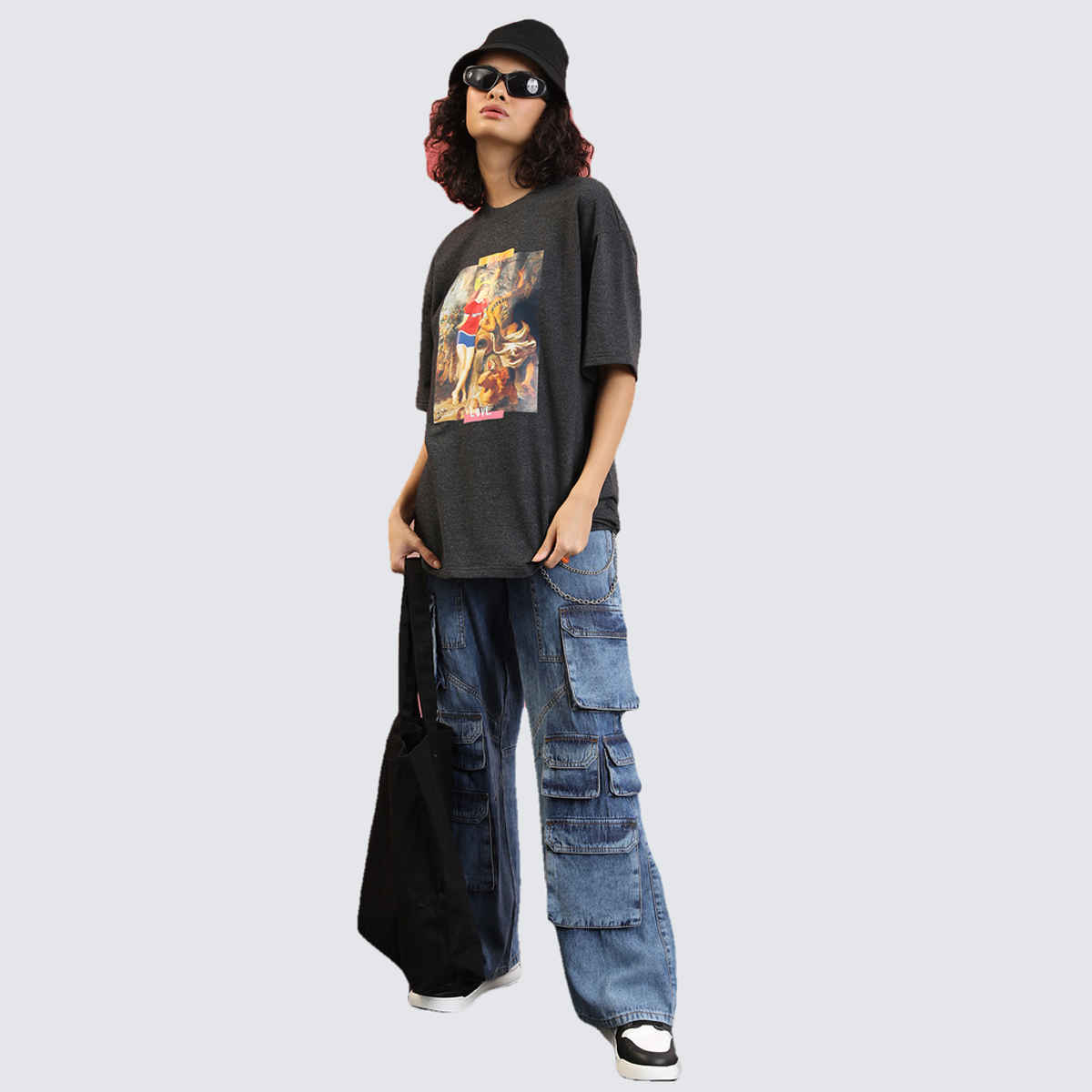 Tokyo Talkies Women's Graphic Printed Oversized T-Shirt | Charcoal - XL