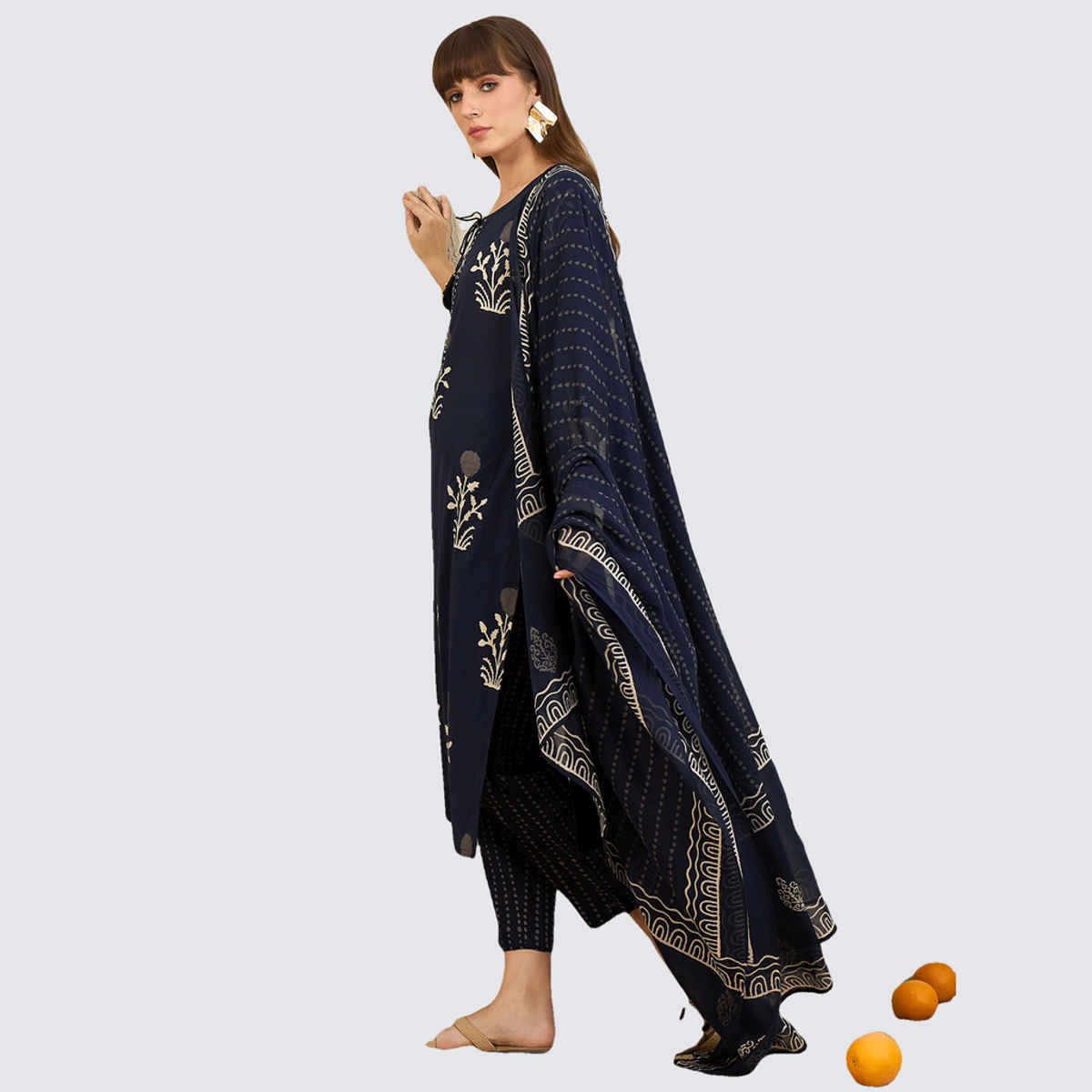 Indo Era Women's Printed Straight Kurta Pant with Dupatta Set | KH0NB6735 | Navy Blue - L