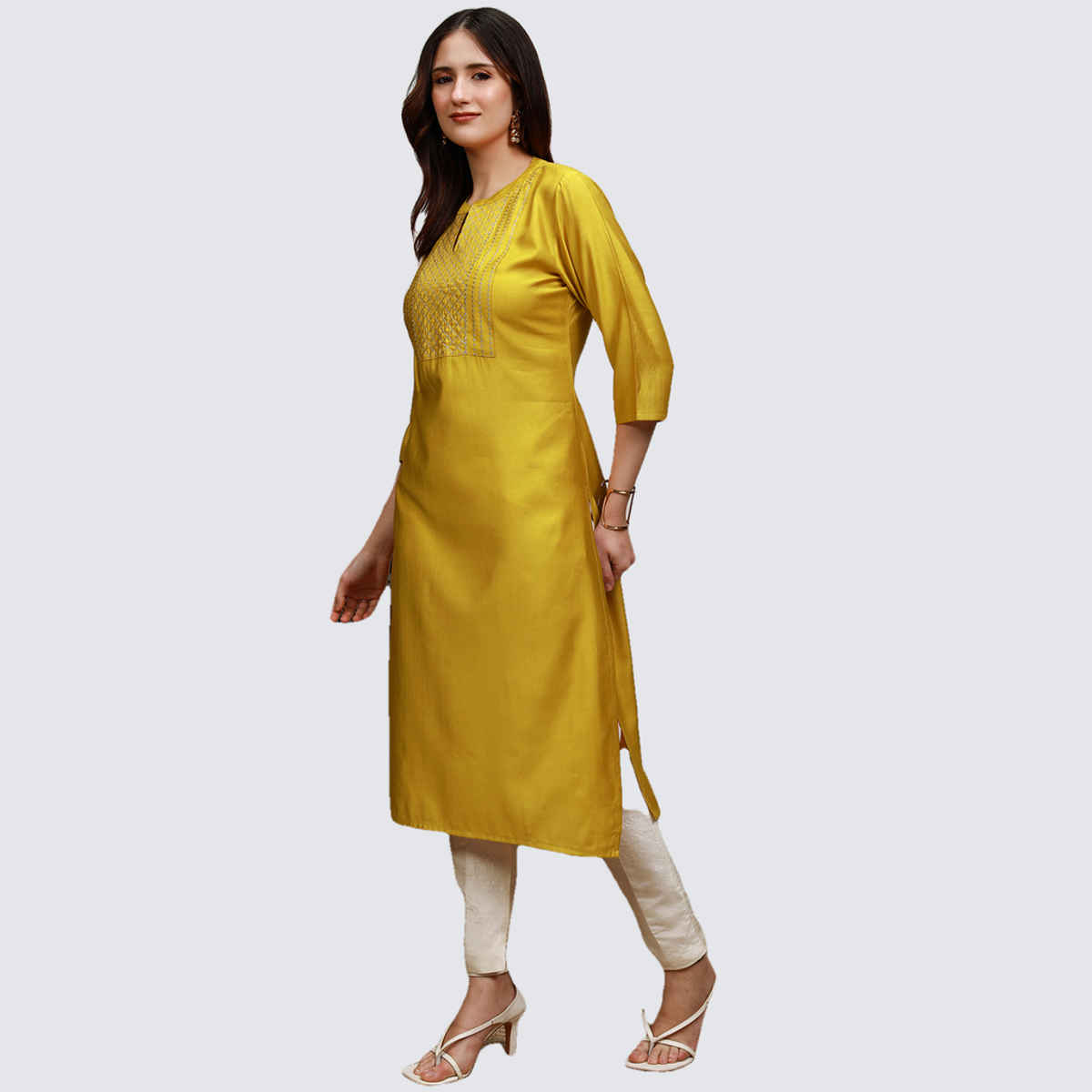 Vishudh Women's Embroidered Straight Kurta | VNKU014376 | Mustard - M