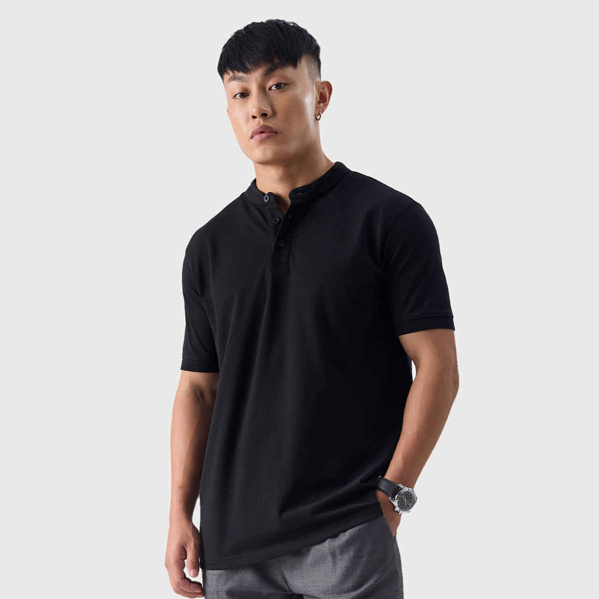 The Souled Store Men's Regular Solids- Midnight Black Mandarin Polo | XL
