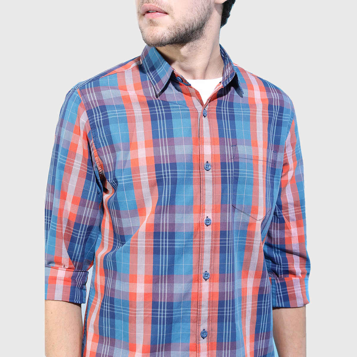 HIGHLANDER Men's Slim Fit Checked Casual Shirt | Blue and Orange - M