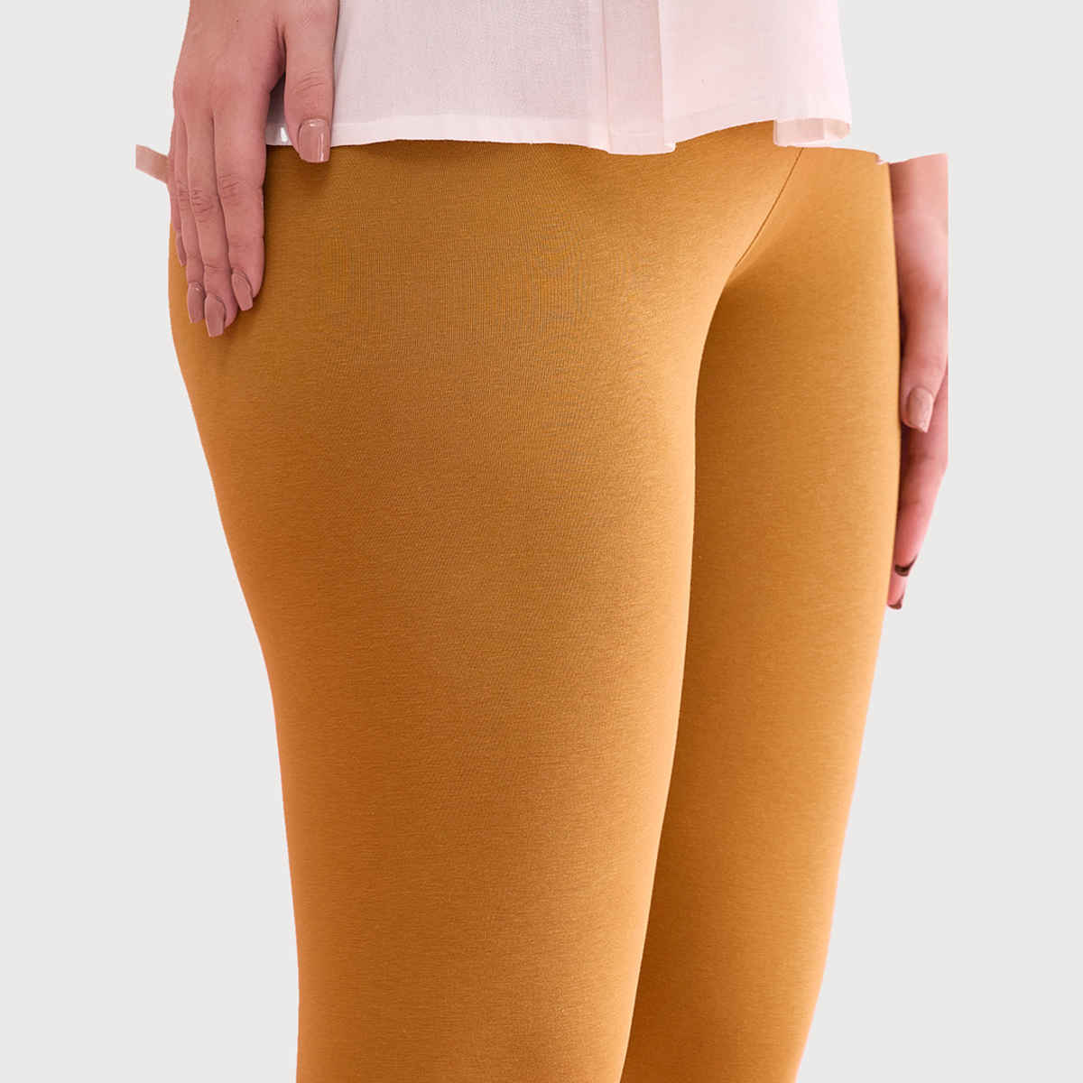Go Colors Women's Solid Mid Rise Ankle Length Leggings | Mustard - XL