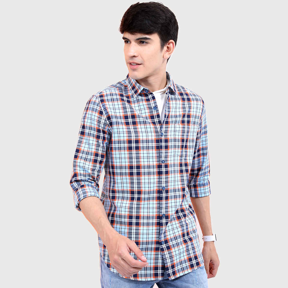 HIGHLANDER Men's Slim Fit Tartan Checked Casual Shirt | Blue - M