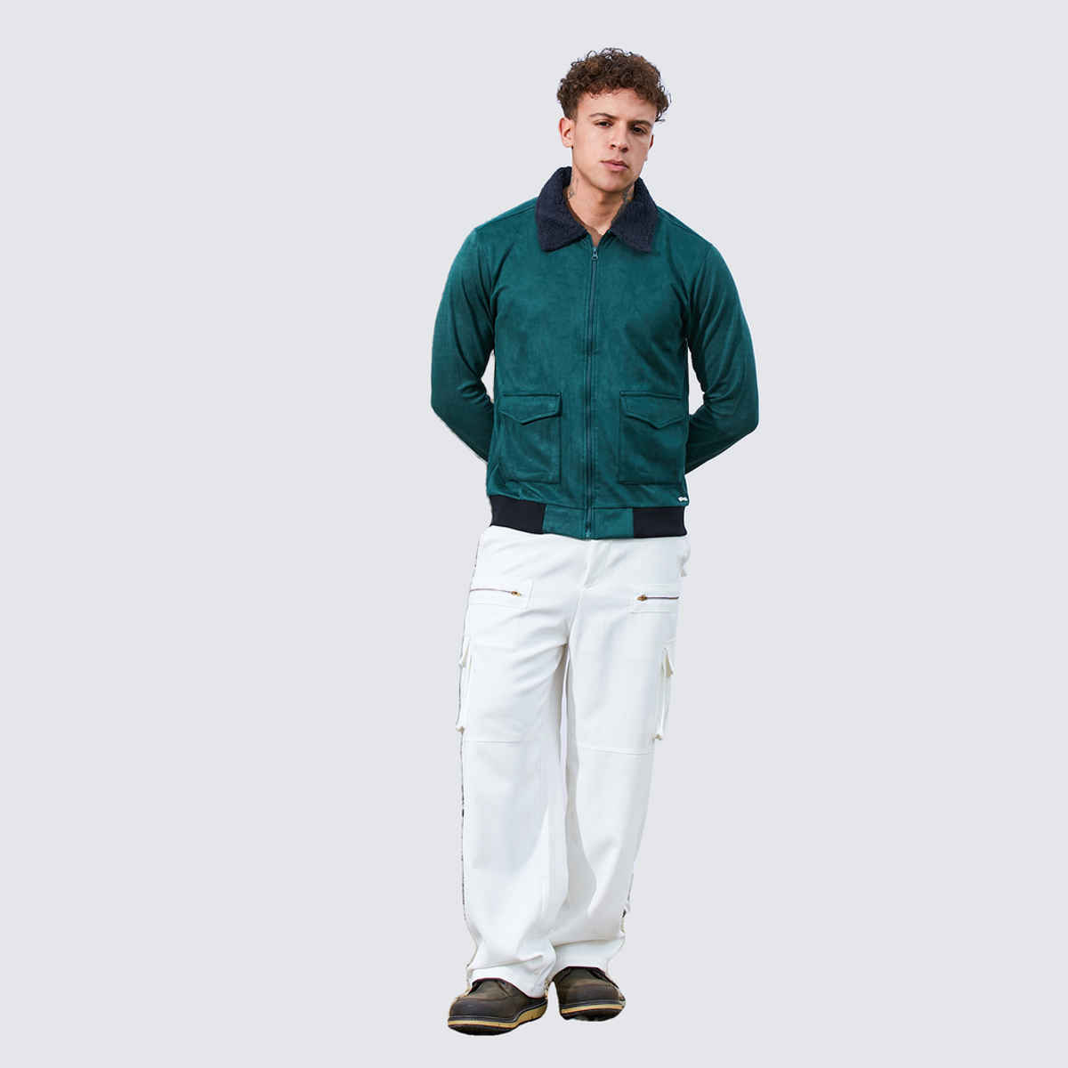 Campus Sutra Men's Zip-Front Jacket With Fleece Collar | Emerald Green - M