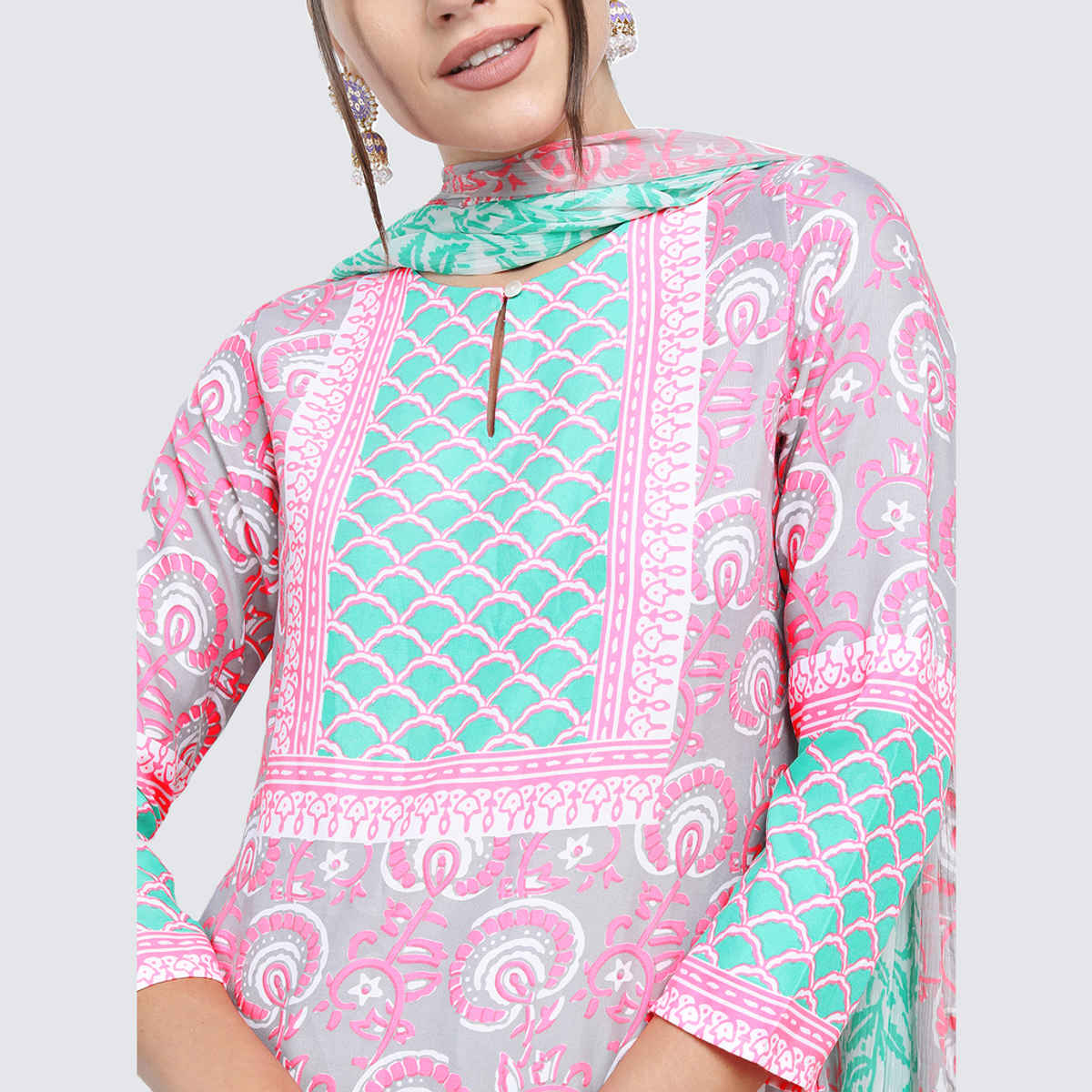 Vishudh Women's Floral Printed Straight Kurti With Trousers & With Dupatta | VNK3003117 | Grey - XL