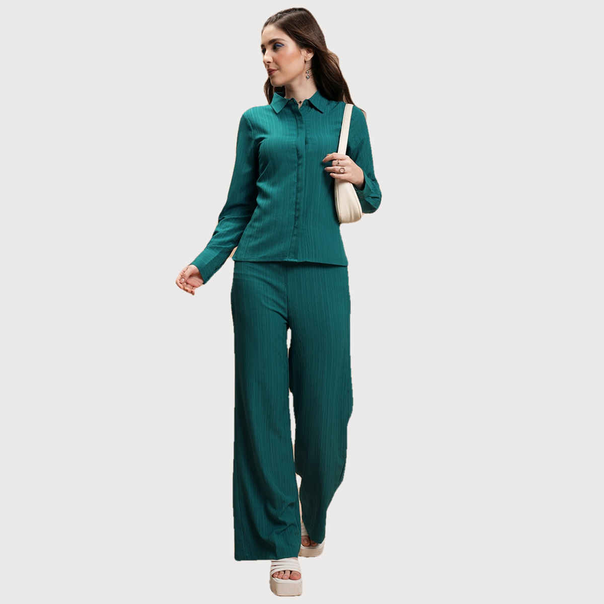 Ketch Women Pleated Shirt and Trousers Co-ords | Teal | L