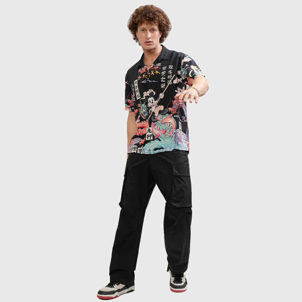Highlander Disney Men's Mickey Printed Cuban Collar Relaxed Shirt | Black - L
