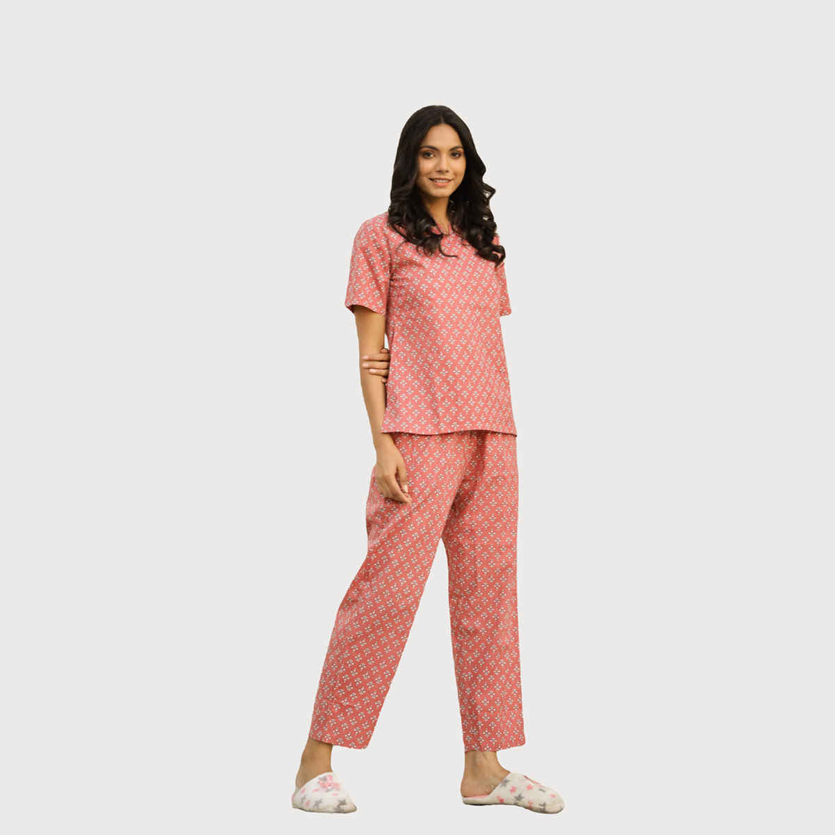Sanskrutihomes Women's Printed Pure Cotton Night Suit | Pink - L