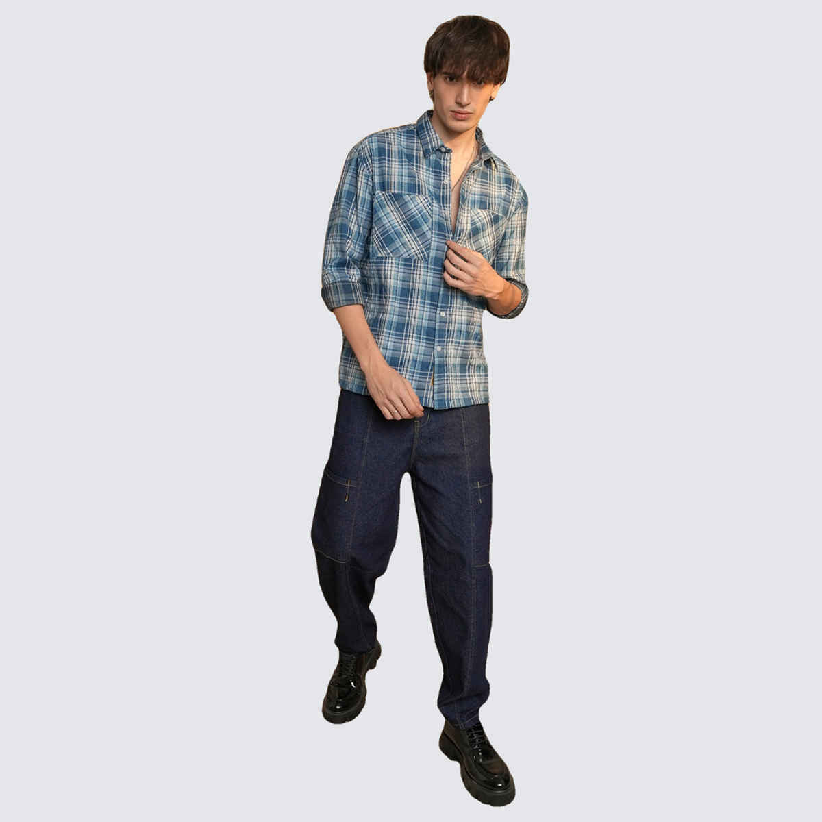 Campus Sutra Men's Tartan Plaid Shirt | Steel Blue - L