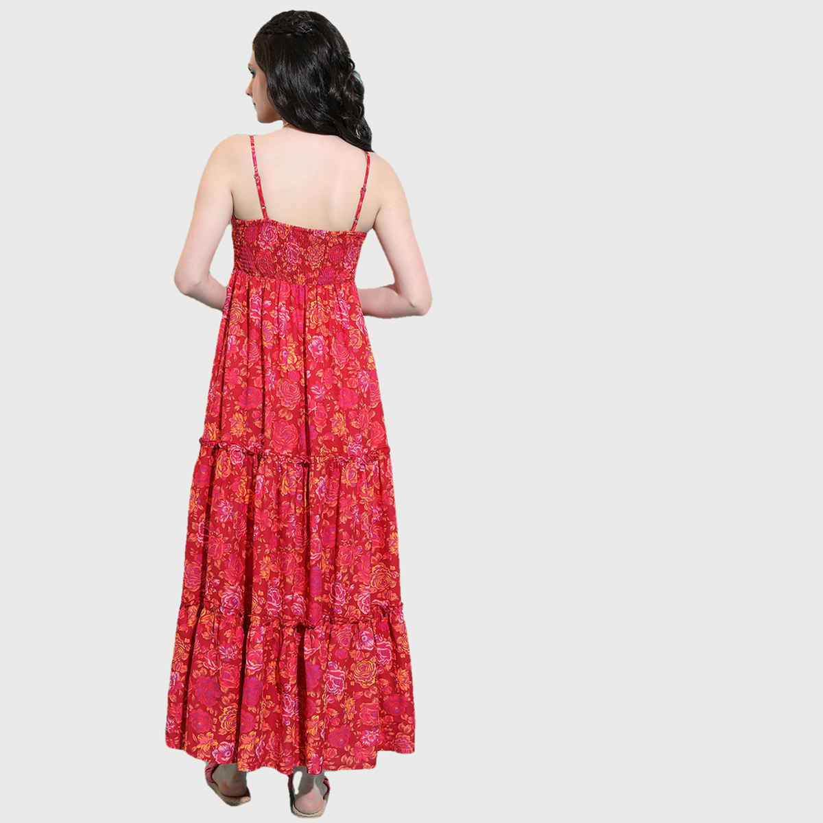 Tokyo Talkies Women's Floral Printed Fit and Flare Maxi Dress with Pleats | Red - S