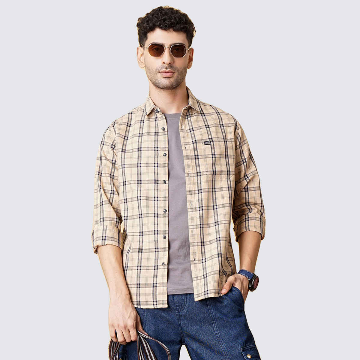 The Indian Garage Co Men's Slim Fit Checked Casual Shirt | Beige - XL