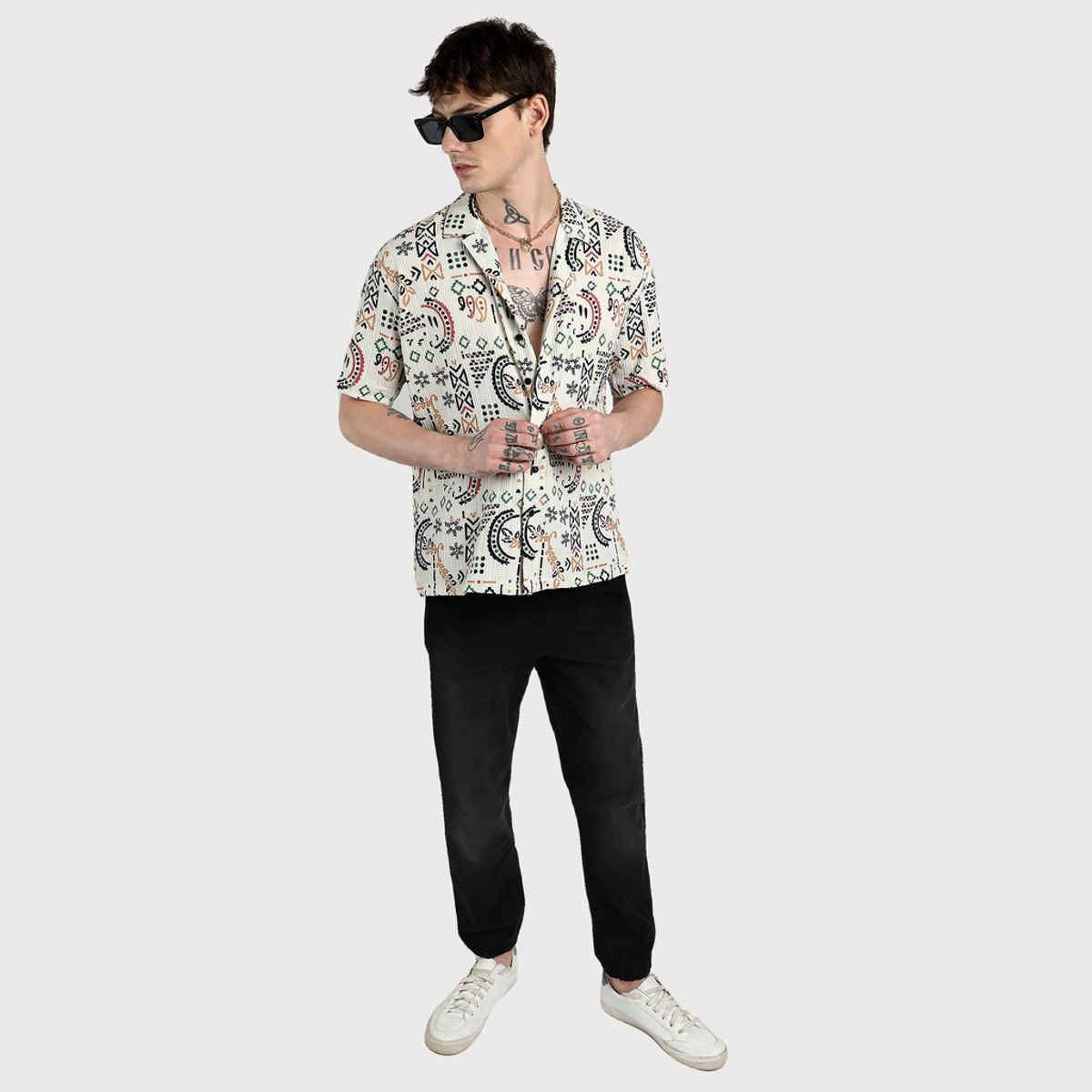 Campus Sutra Men's Polyester Oversized Bohemian Shirt | Off-White | S