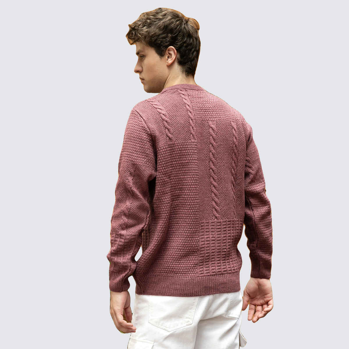 Campus Sutra Men's Twist-Knit Pullover Sweater | Mauve Brown - M