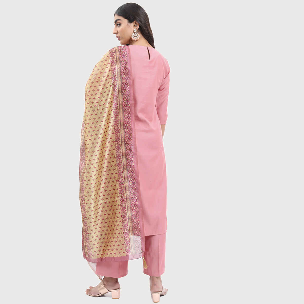 KETCH Women's Woven Design Straight Kurta with Palazzos and Dupatta | Multicolour - XL