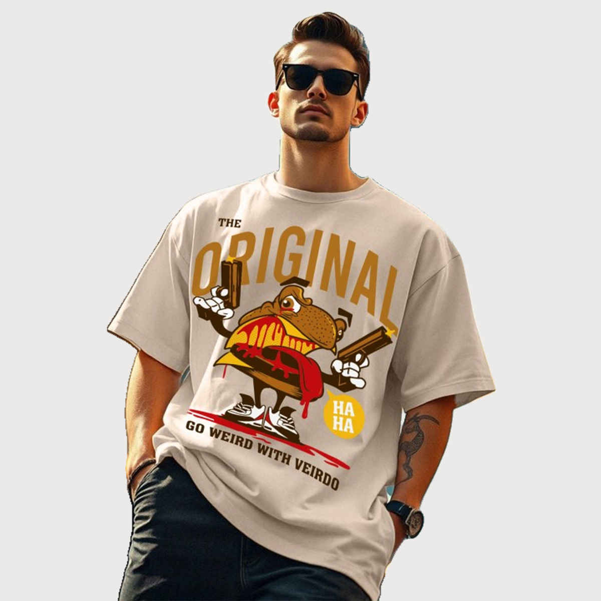 VEIRDO Men's Printed Oversized T-shirt | OS 100 FRGORGNL SW | Swan White - M