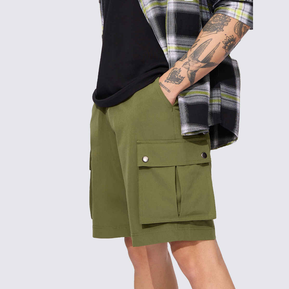 The Souled Store Men's Solids Cargo Shorts | Military Olive - 2XL