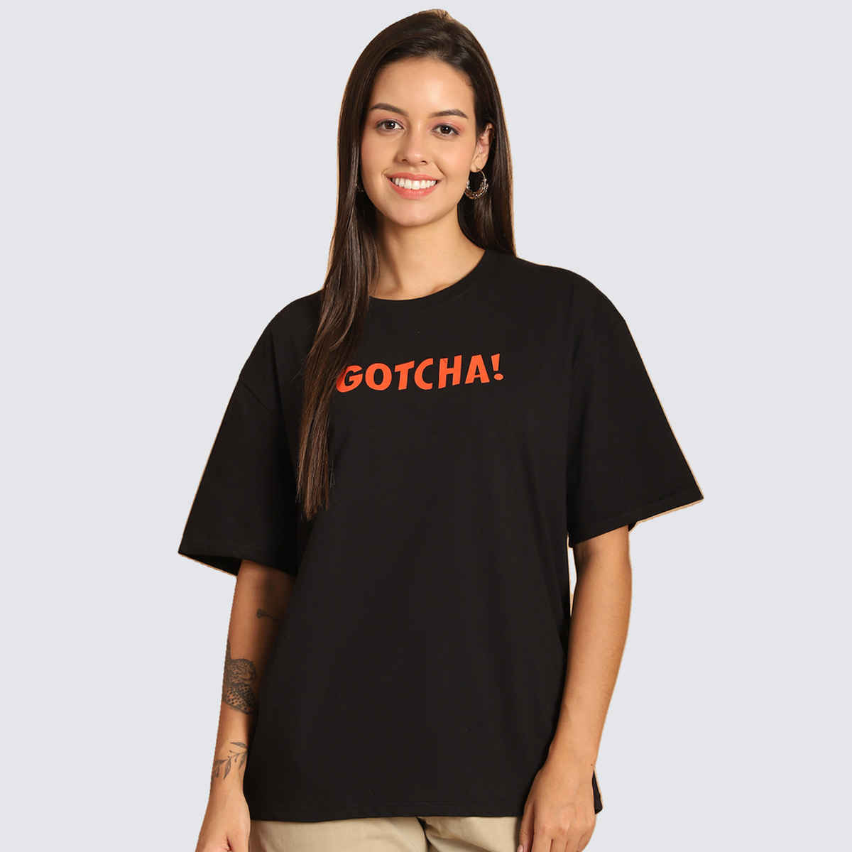 Fabflee Women Oversize Cotton Printed Round Neck Tshirt | Black | FAB-OS-504 | L