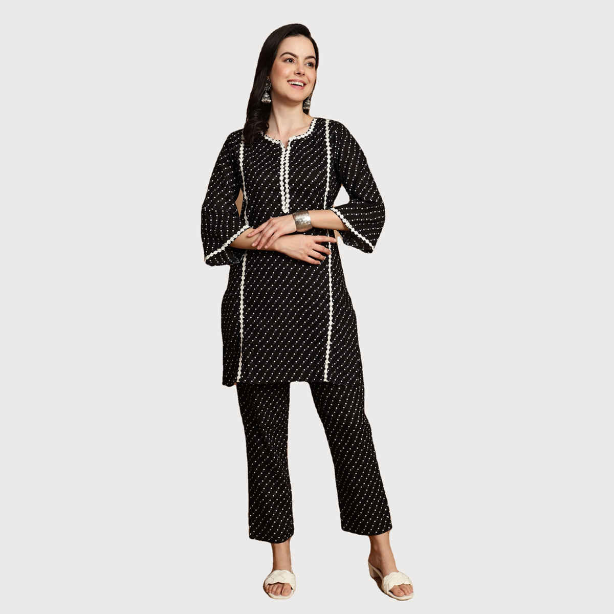 Bandia Women's Polka Dot Lace Embellished Co-ord Set | BANCS0278 | Black and White | M