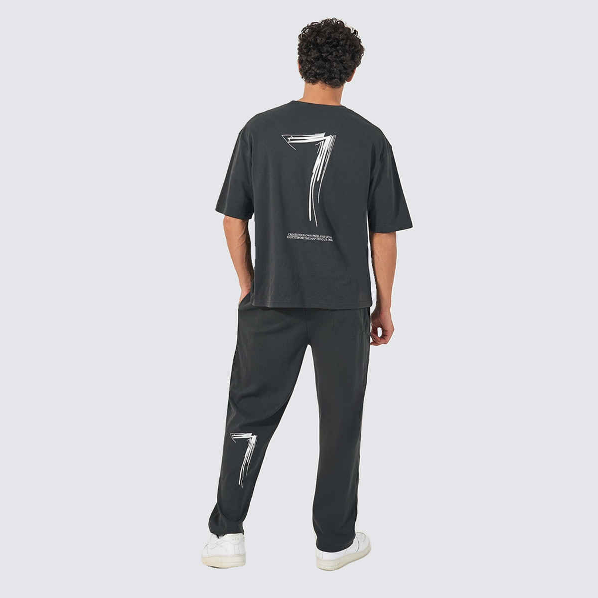 Styli Men's Co-ord Set with Typographic Oversized T-shirt and Open Hem Jogger | Grey - S