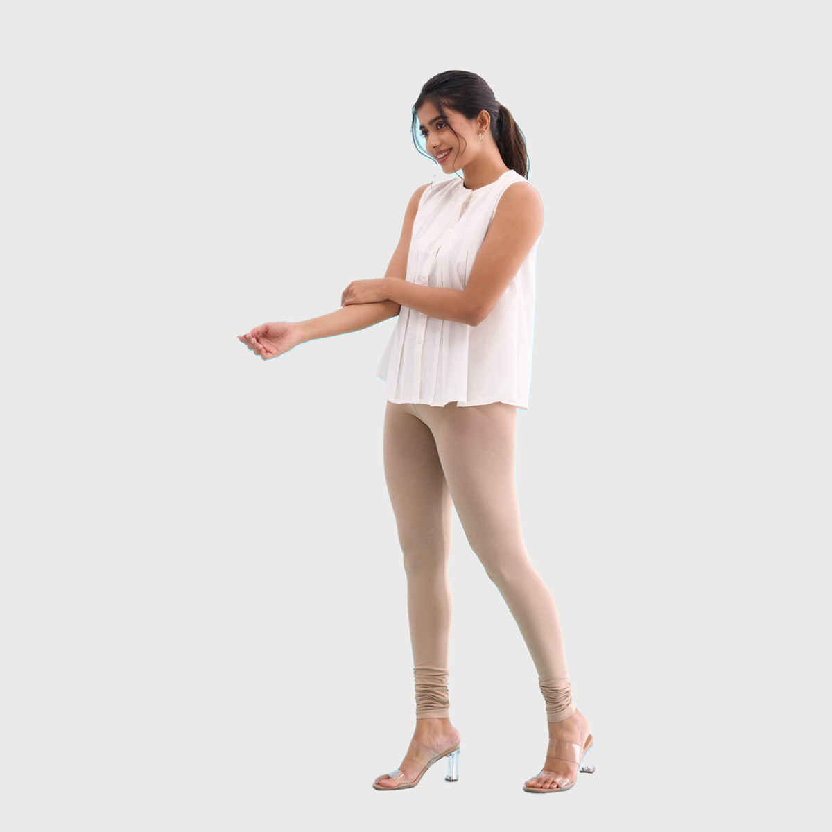 Go Colors Women's Solid Mid Rise Churidar | Beige - S