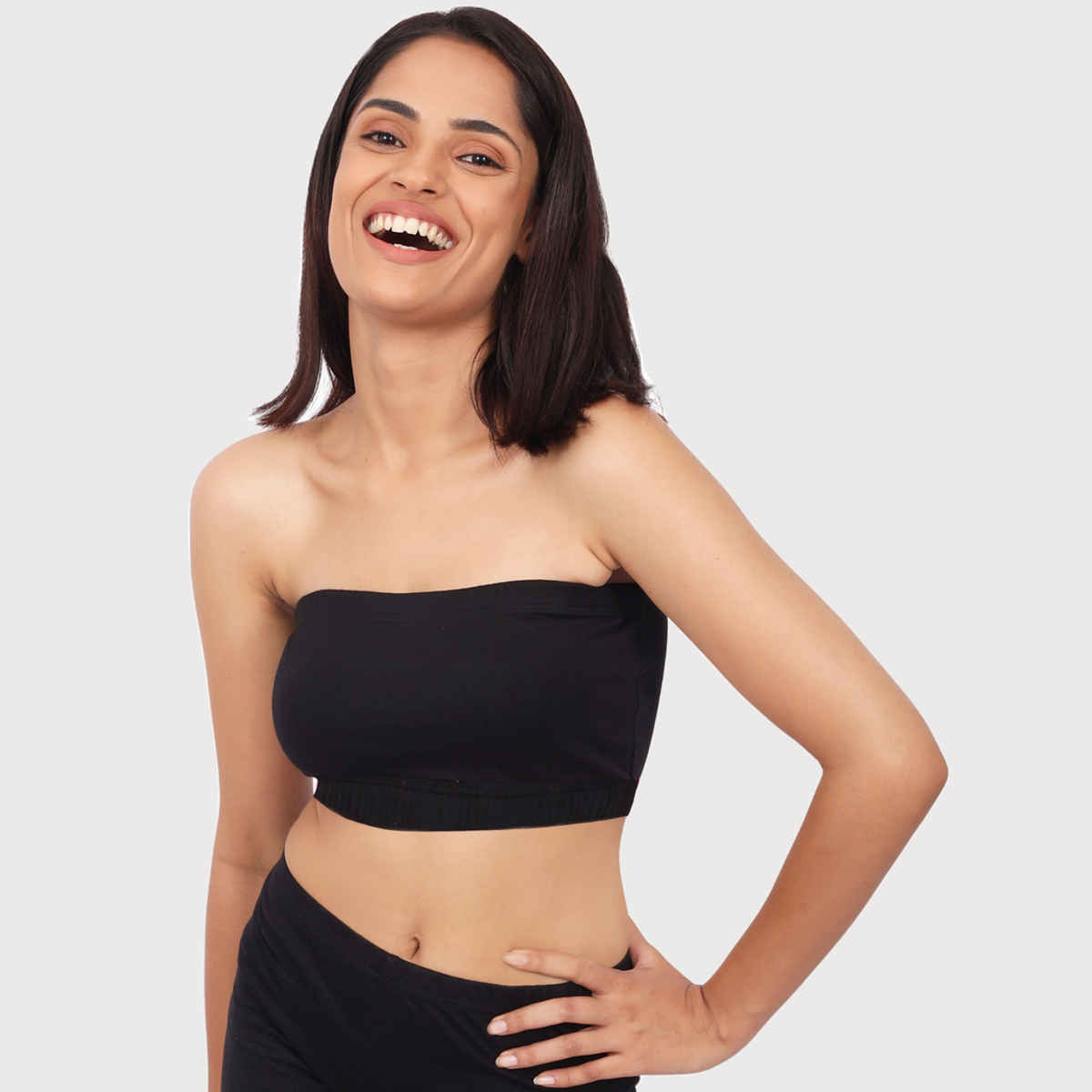 D'chica Double-Layer Cotton Strapless Bra | Non Padded Bandeau | Solid Black - M