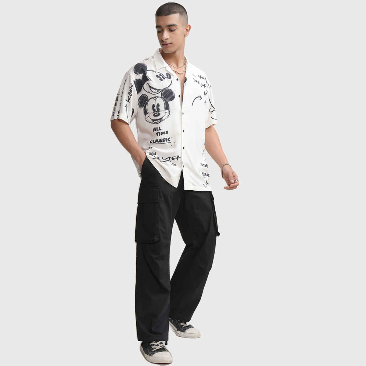 HIGHLANDER Men's Disney Mickey Printed Cuban Collar Viscose Relaxed Shirt | White - M
