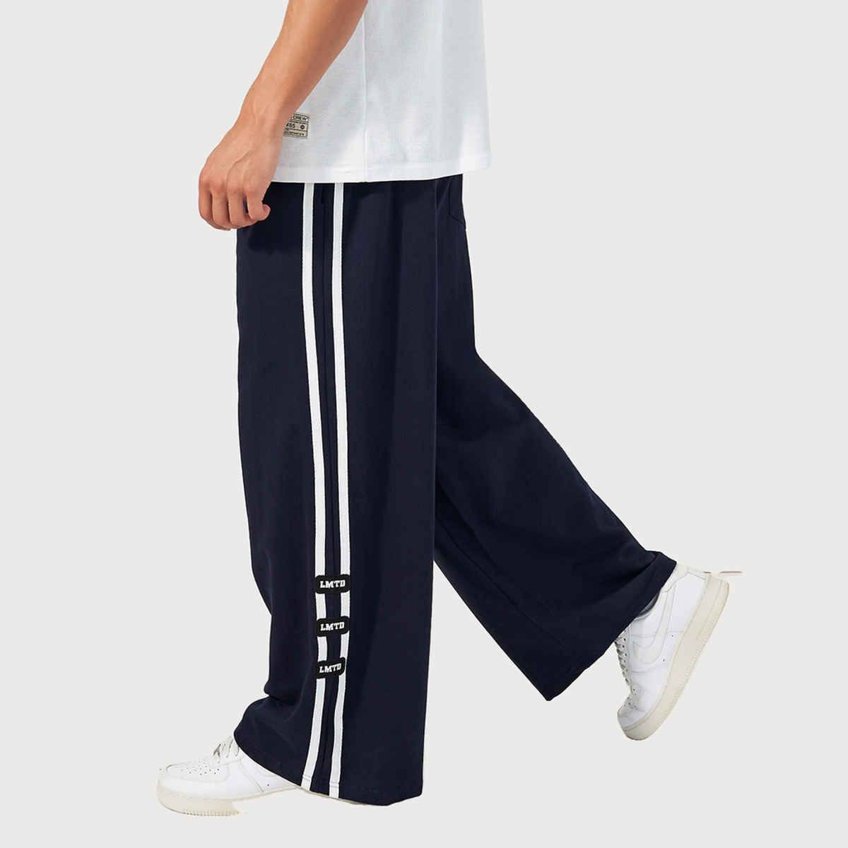 Styli Men's Cotton Waffle Knit Oversized T-shirt and Wide Leg Side Tape Jogger Co-ord | White - XL