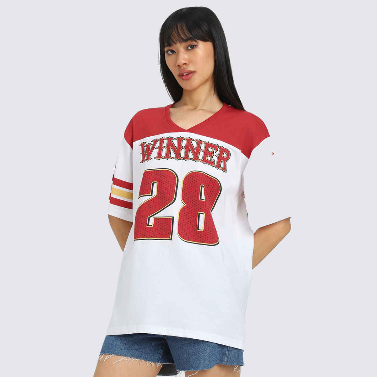 JUNEBERRY Women's Winner Graphic Printed Oversized T Shirt | OS WINNER 786 RD L | White - L