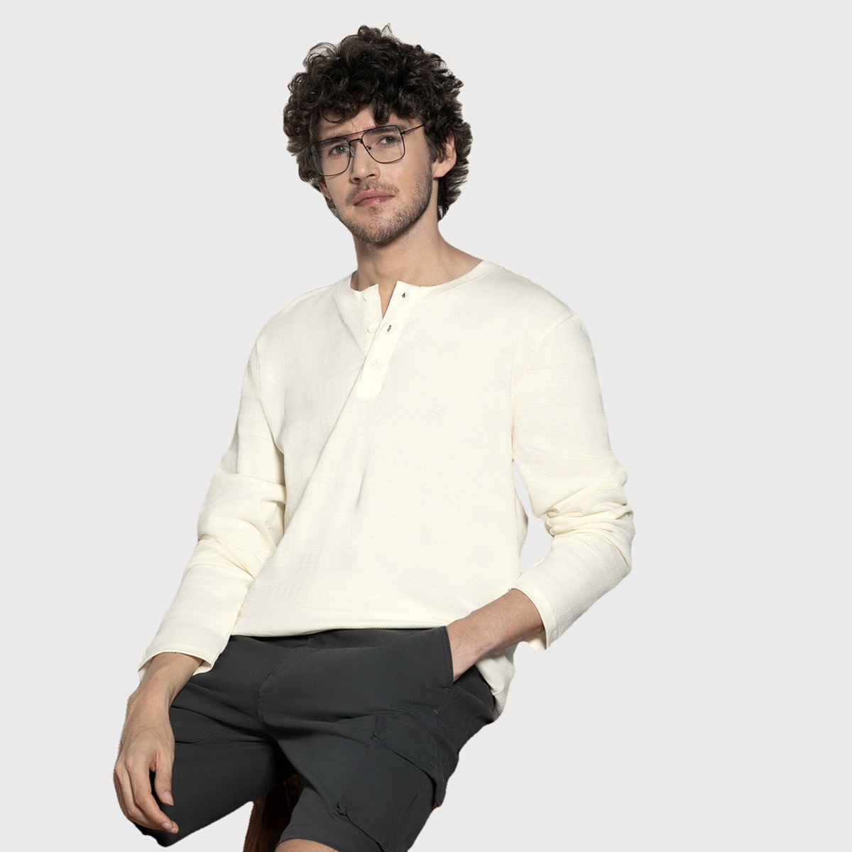 Dennis Lingo Men's Henley Neck Textured Full Sleeve T-shirt | White Ecru | M