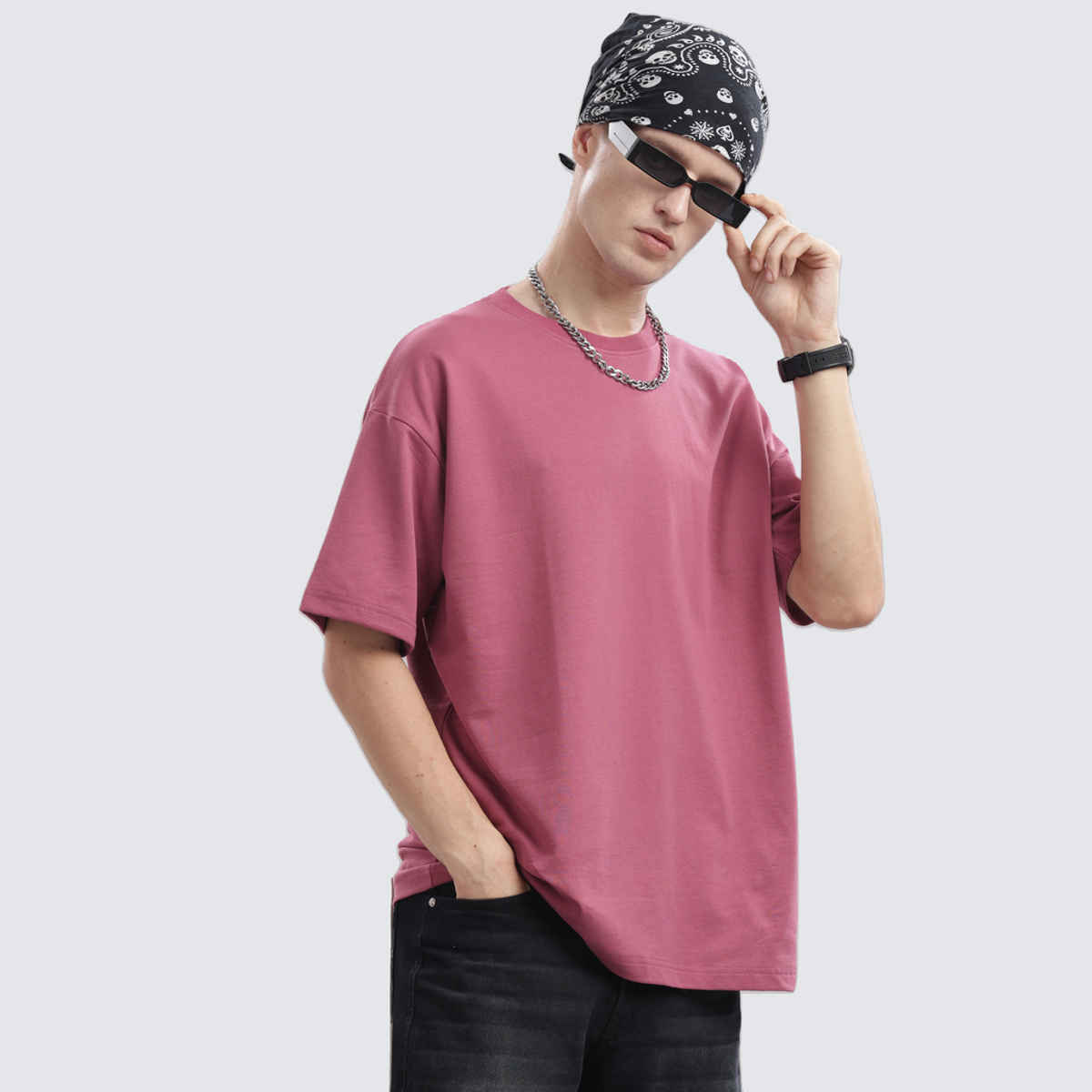 OUTLAWS Men's 100% Cotton Oversized T-Shirt | Half Sleeves | Round Neck | Pink - L