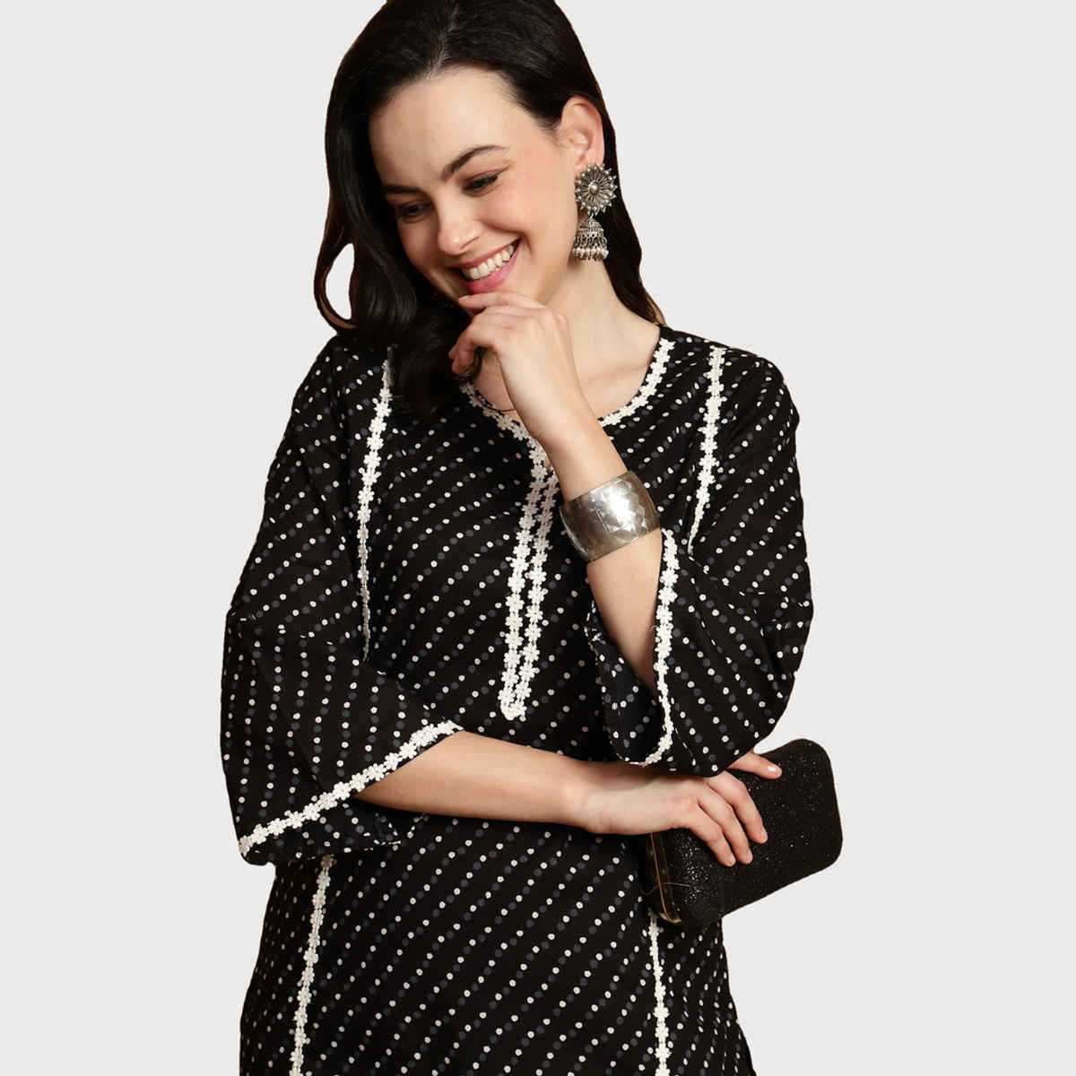 Bandia Women's Polka Dot Lace Embellished Co-ord Set | BANCS0278 | Black and White | M