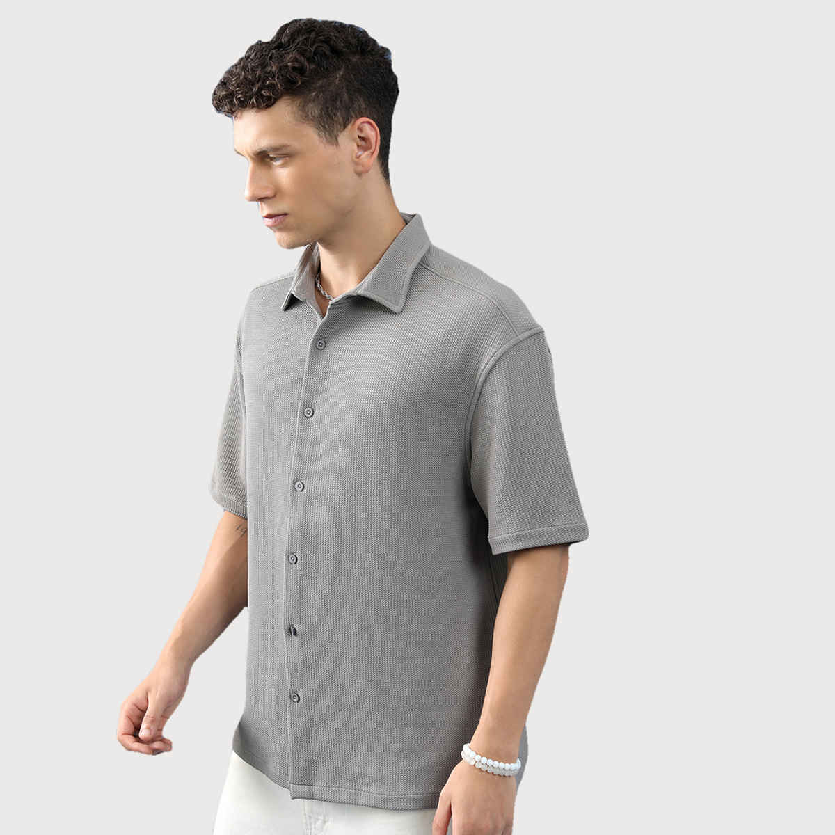 HIGHLANDER Men's Spread Collar Oversized Casual Shirt | Grey - M