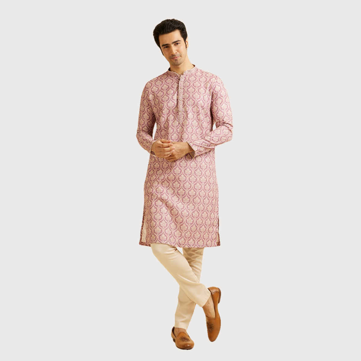 Manyavar Pink Blended Cotton Printed Kurta Set | S
