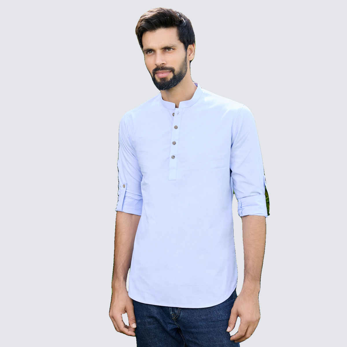 See Designs Men's Solid Cotton Short Kurta | Blue - XL