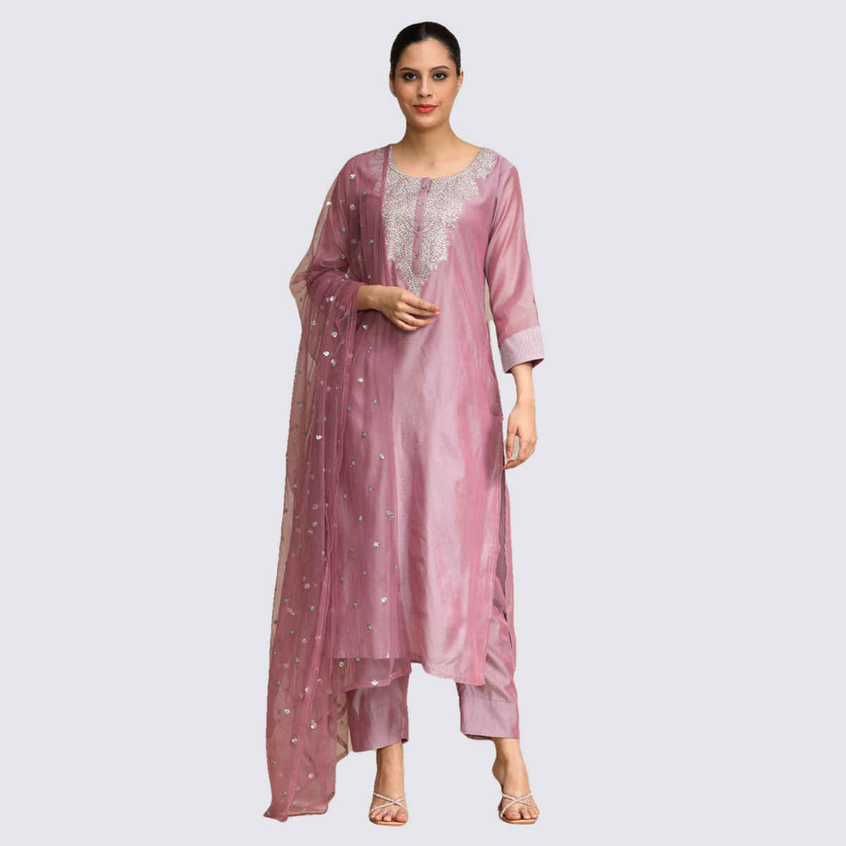 Varanga Women's Embroidered Regular Chanderi Silk Kurta with Trousers & Dupatta | Mauve - 2XL