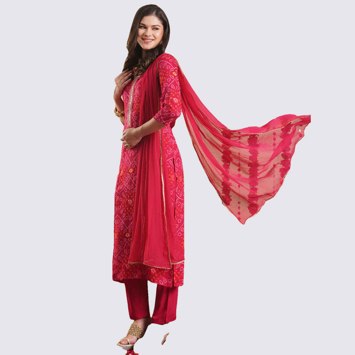GoSriKi Women's Rayon Blend Straight Printed Kurta with Pant & Dupatta | TURAE | Rani - XL