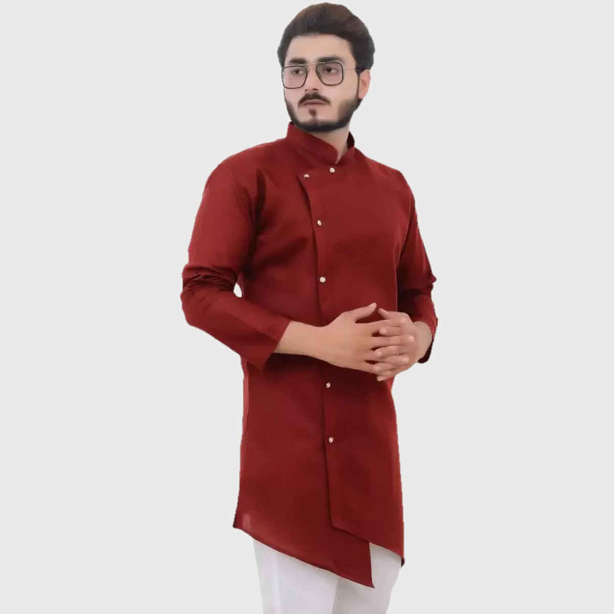 Tibra Collection Men Asymmetric Kurta - Maroon | Solid | Cotton Blend | M
