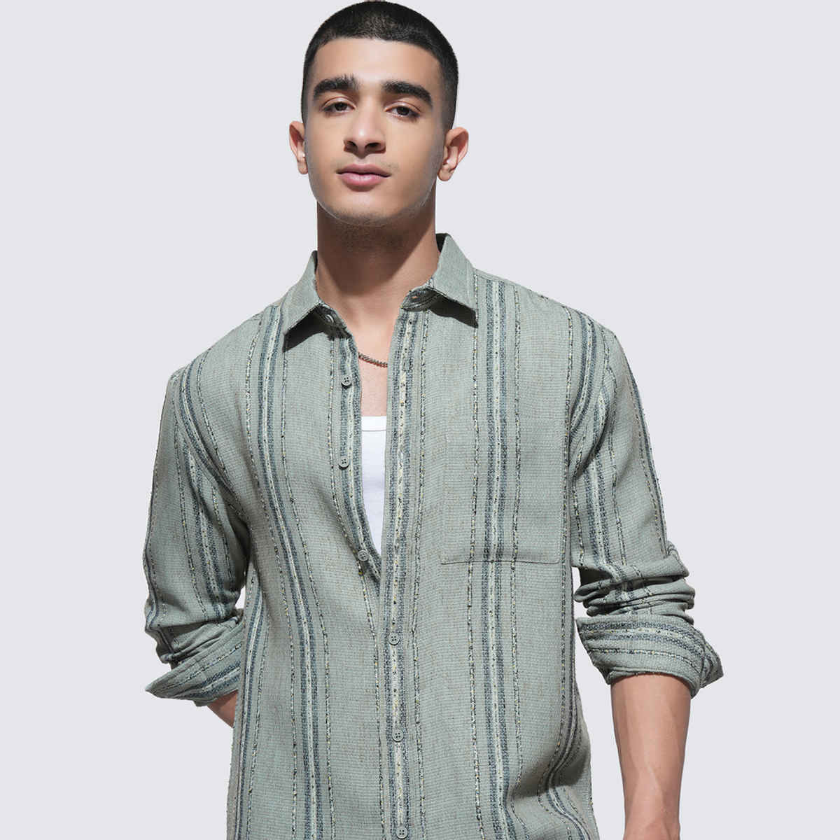 Highlander Men's Fancy Yarn Dobby Textured Striped Relaxed Shirt | Green - XL