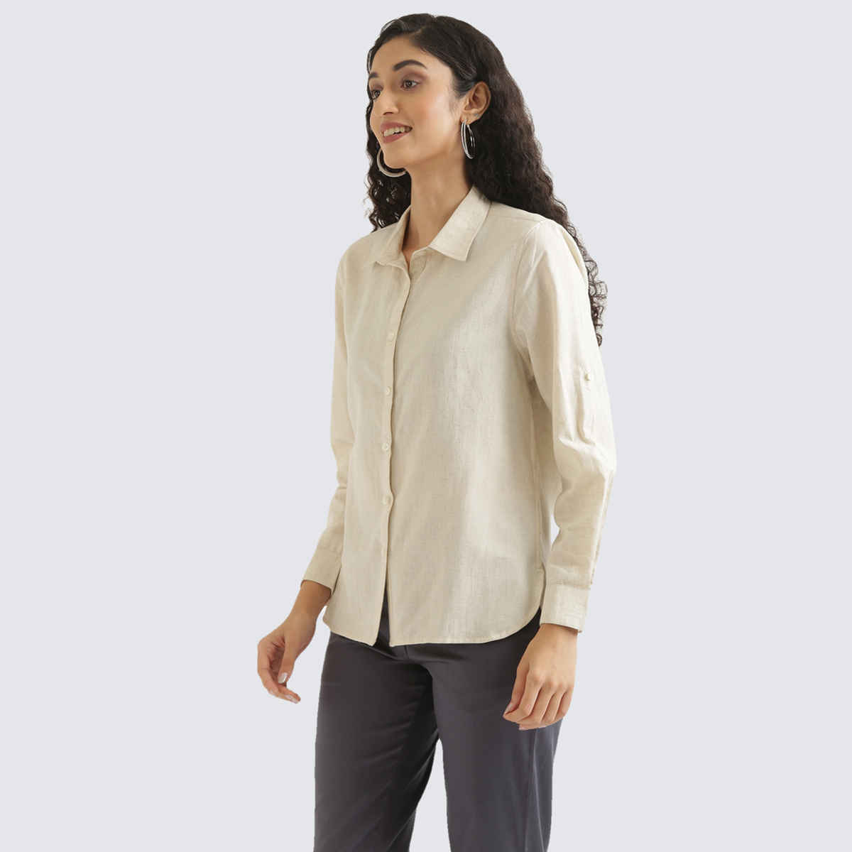 Saadaa Women's Airy Solid Linen Shirt | Ecru - XL