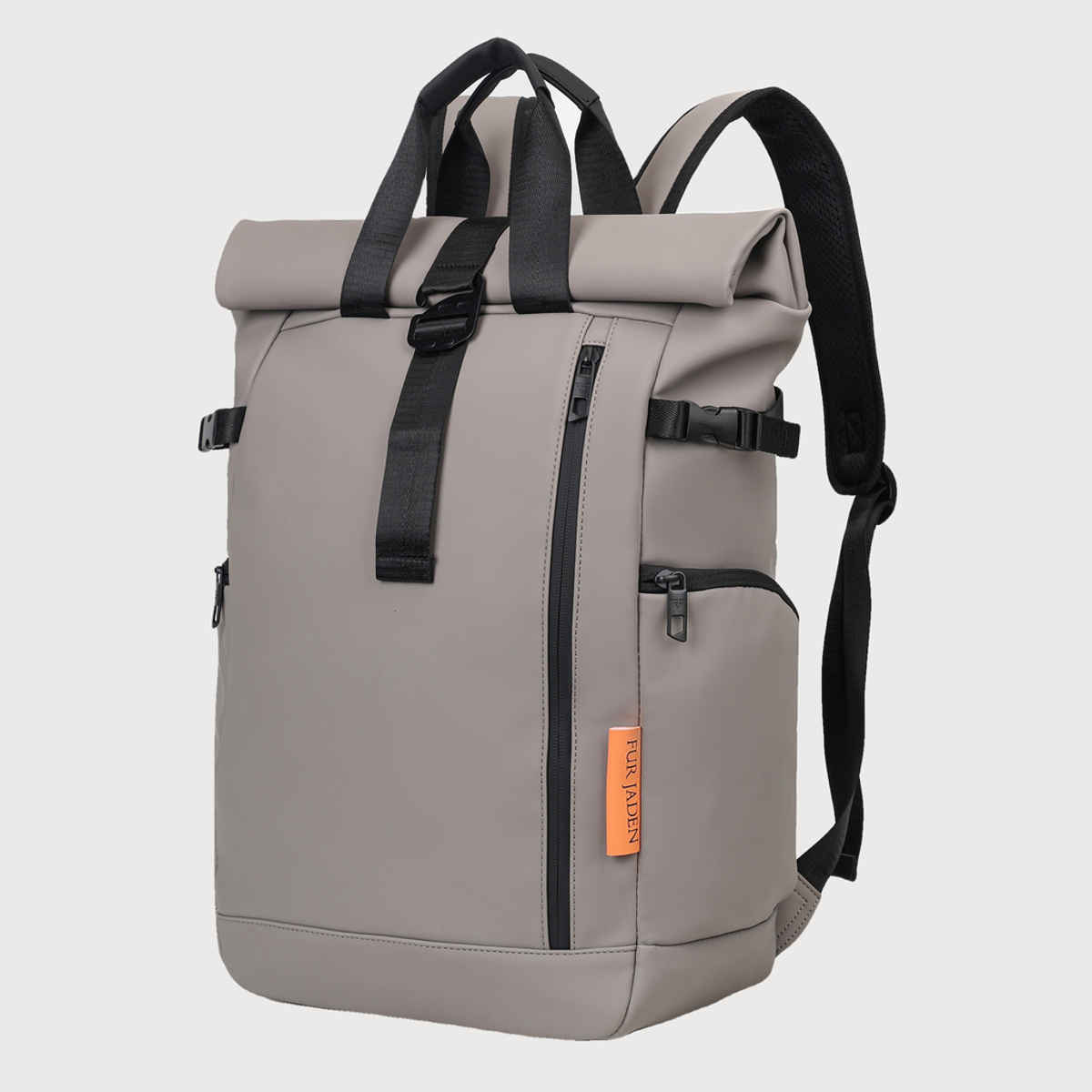 Fur Jaden 23 L Grey Vegan Leather Rolltop Laptop Backpack with Anti-Theft Compartment