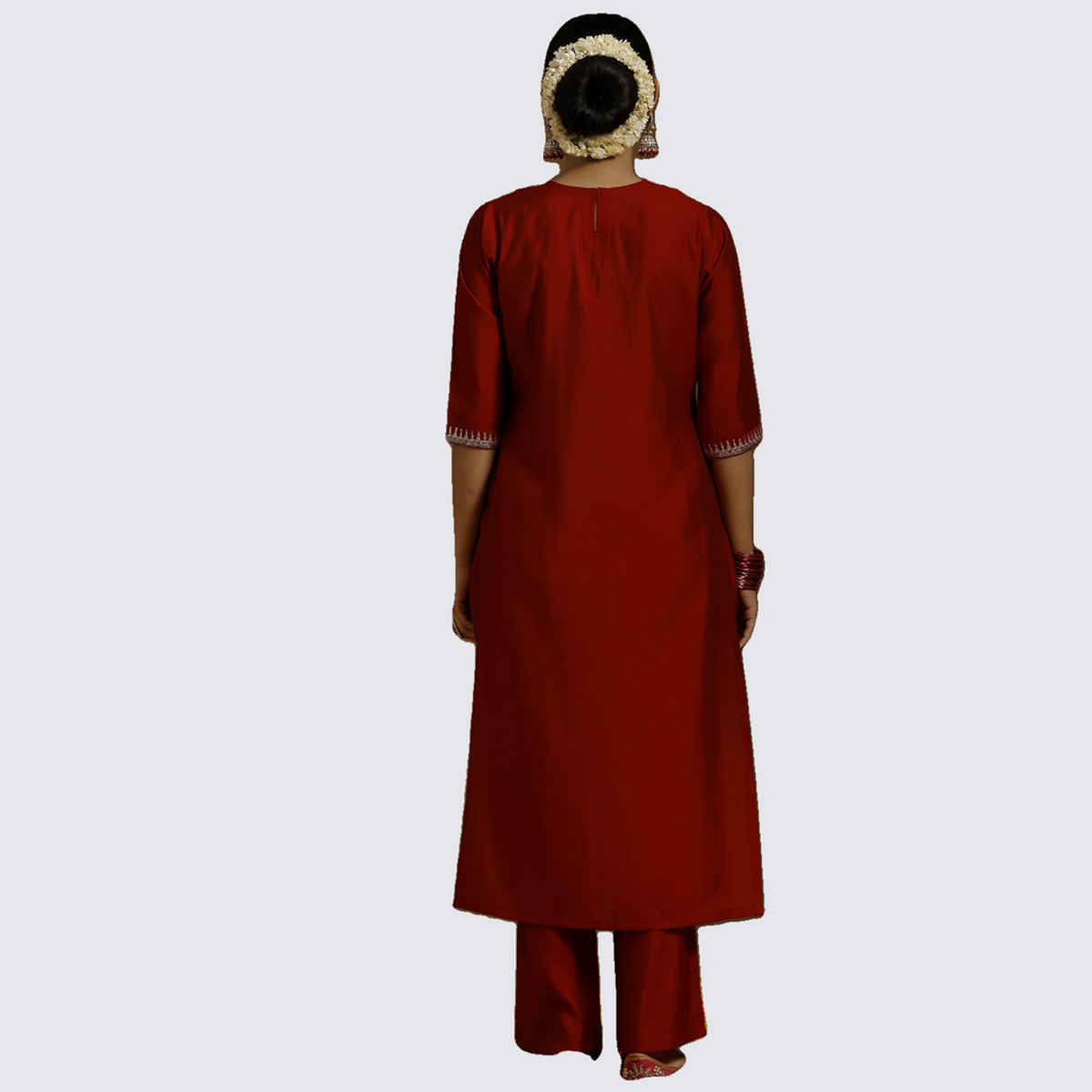 Libas Women's Embroidered Silk Blend Straight Kurta Set | Red - L