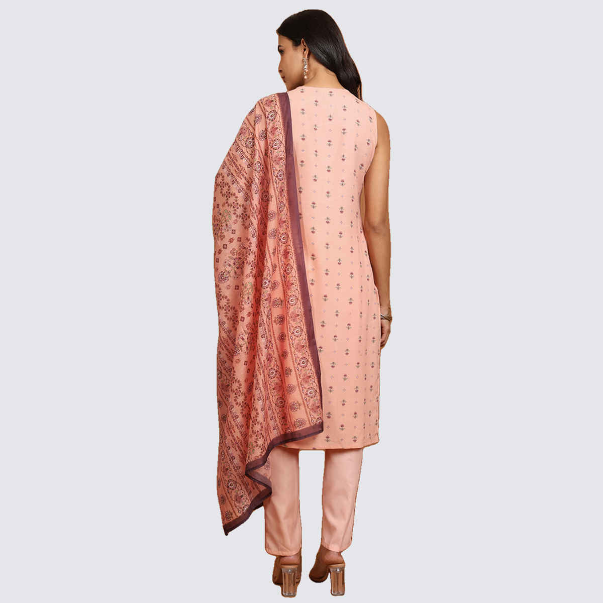 KETCH Women's Ethnic Motifs Printed Straight Kurta, Pyjamas with Dupatta | Peach - L
