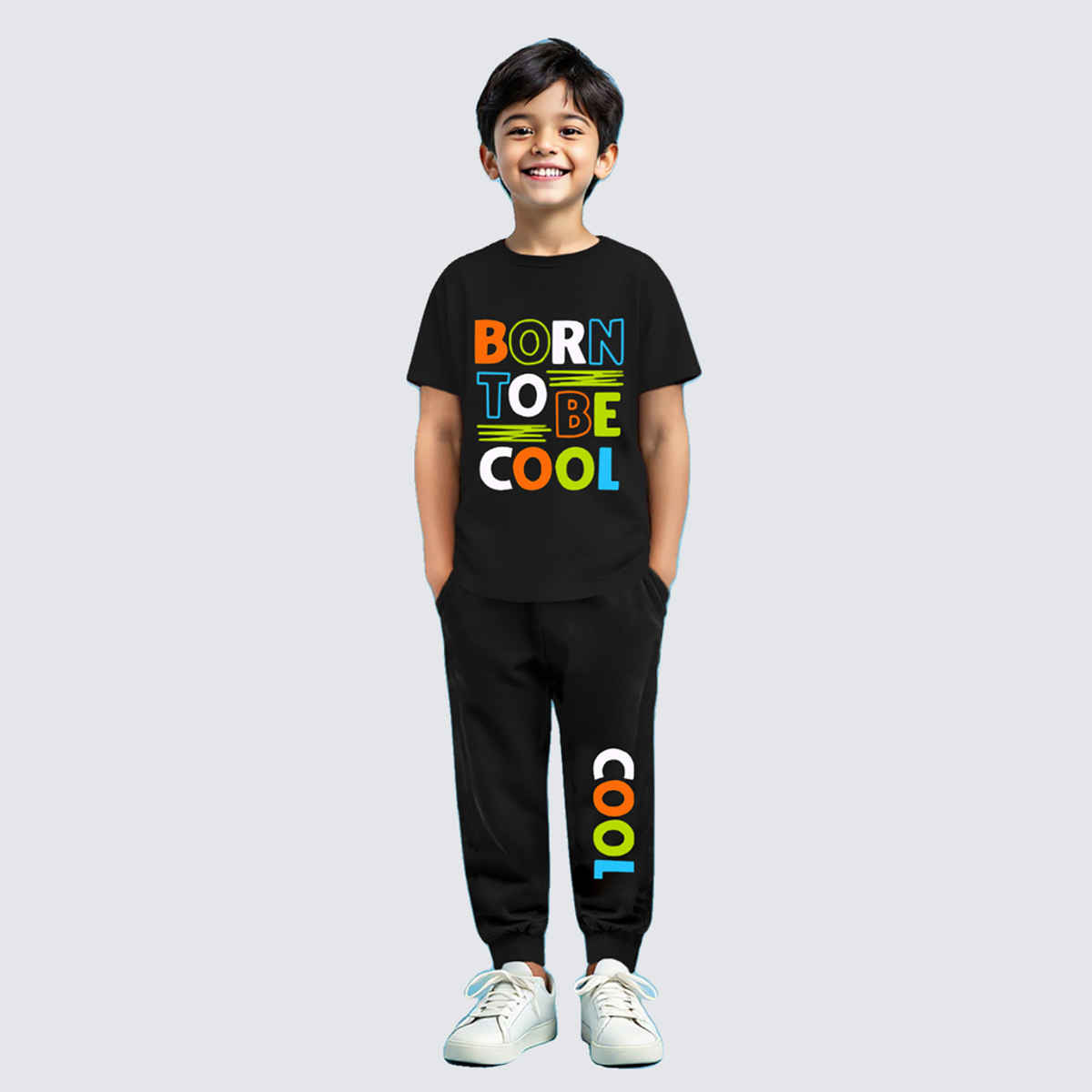Trampoline Boy's Born To Be Cool Printed T-Shirt & Track Pants Set | Black | 2-3 Yrs