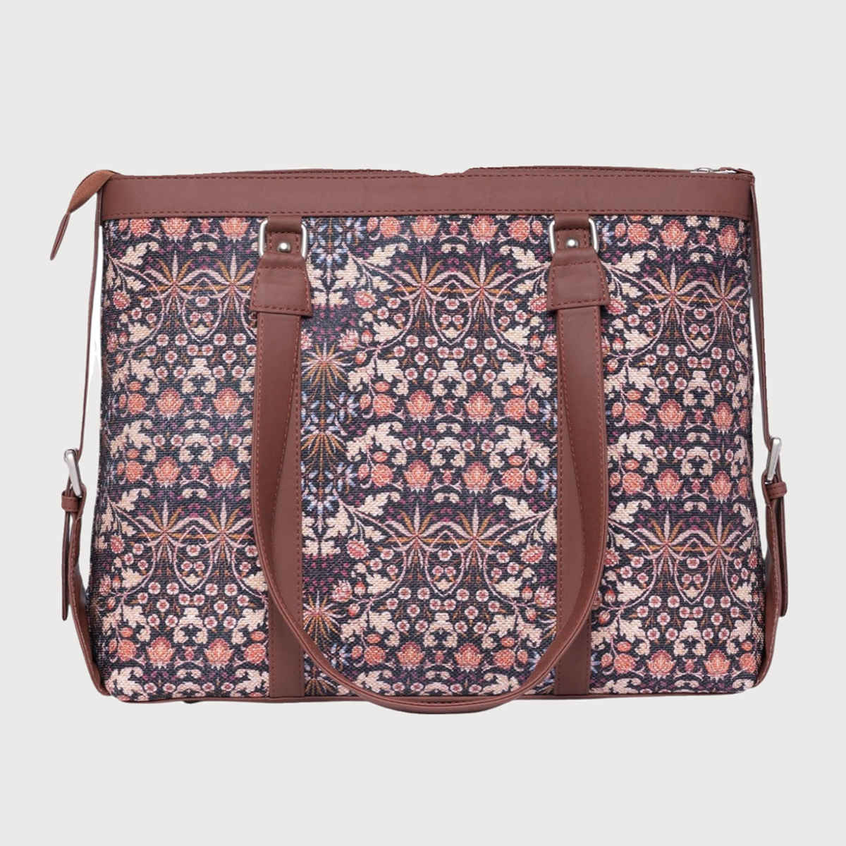 Zouk Women's Printed Vegan Leather and Handcrafted Fabric 13.8L Double Strap Office Bag | Brown