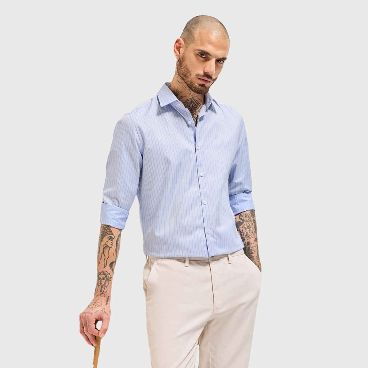 THE BEAR HOUSE Men's Striped Tailored Fit Formal Shirt | TBH-MUJOK-BL | Blue - XL