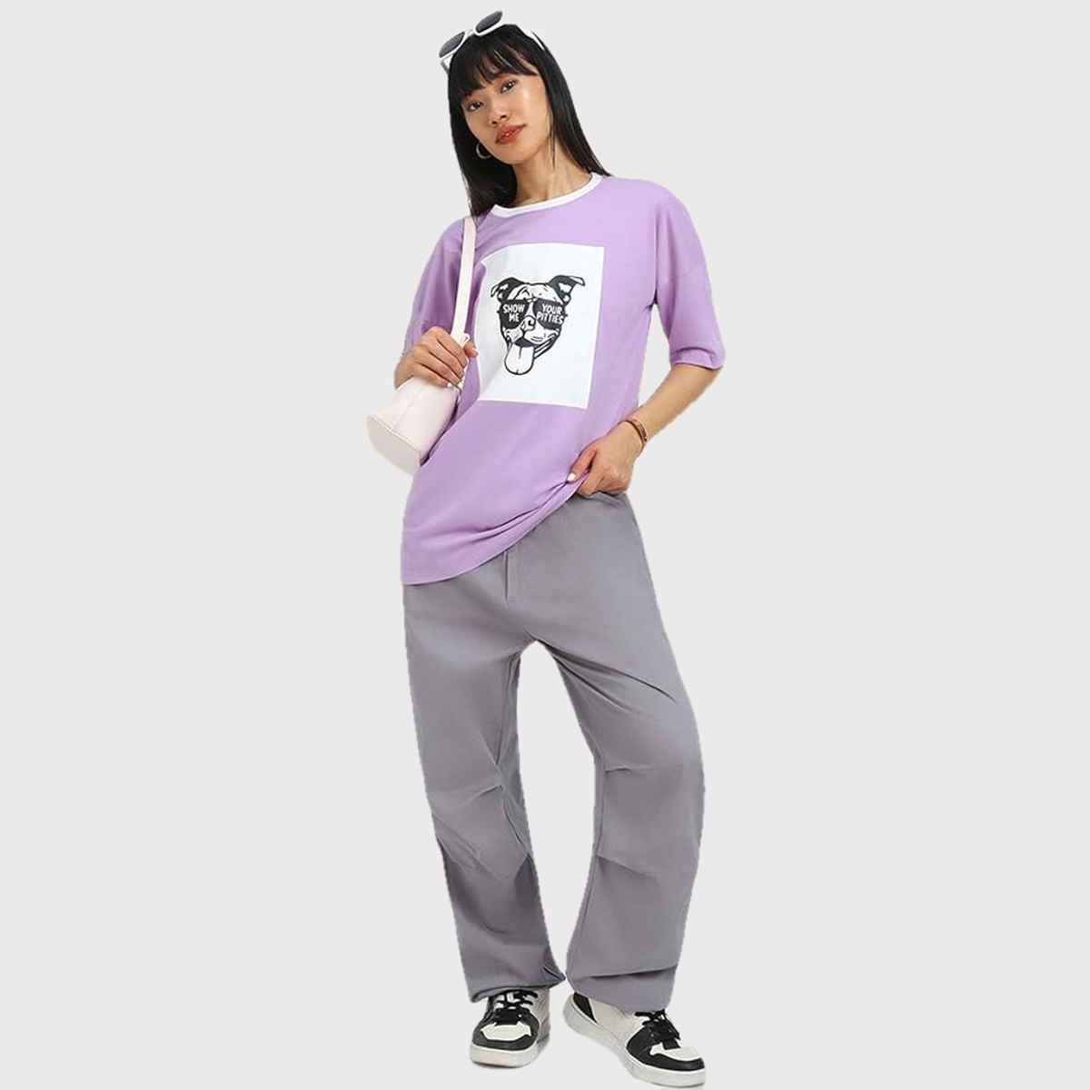 Juneberry Women T-shirt - Lilac | Graphic Print, Oversized Fit | S