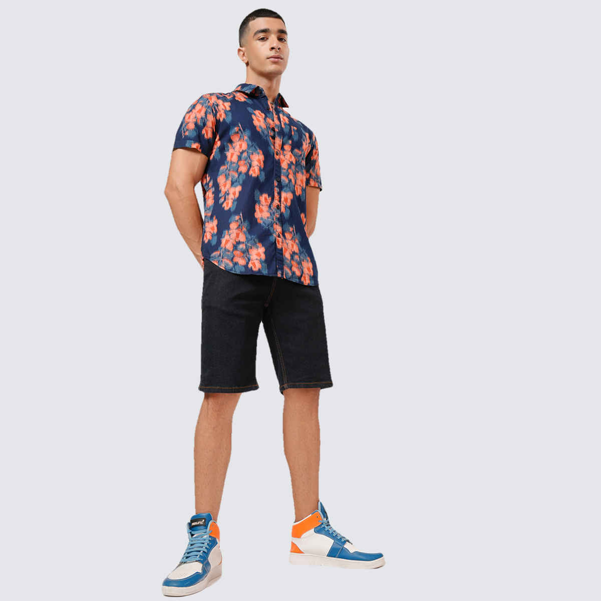 Highlander Men's Slim Fit Printed Casual Shirt | Navy Blue - XL