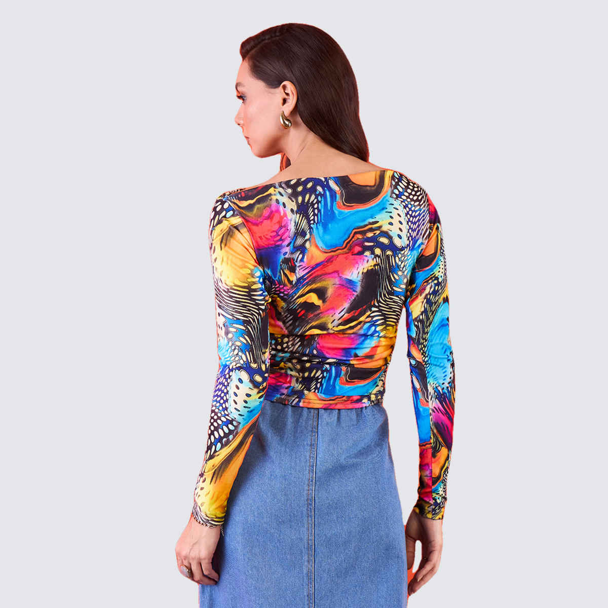 Uptownie Women's Stretchable Asymmetrical Ruched Top | Multicolour - L